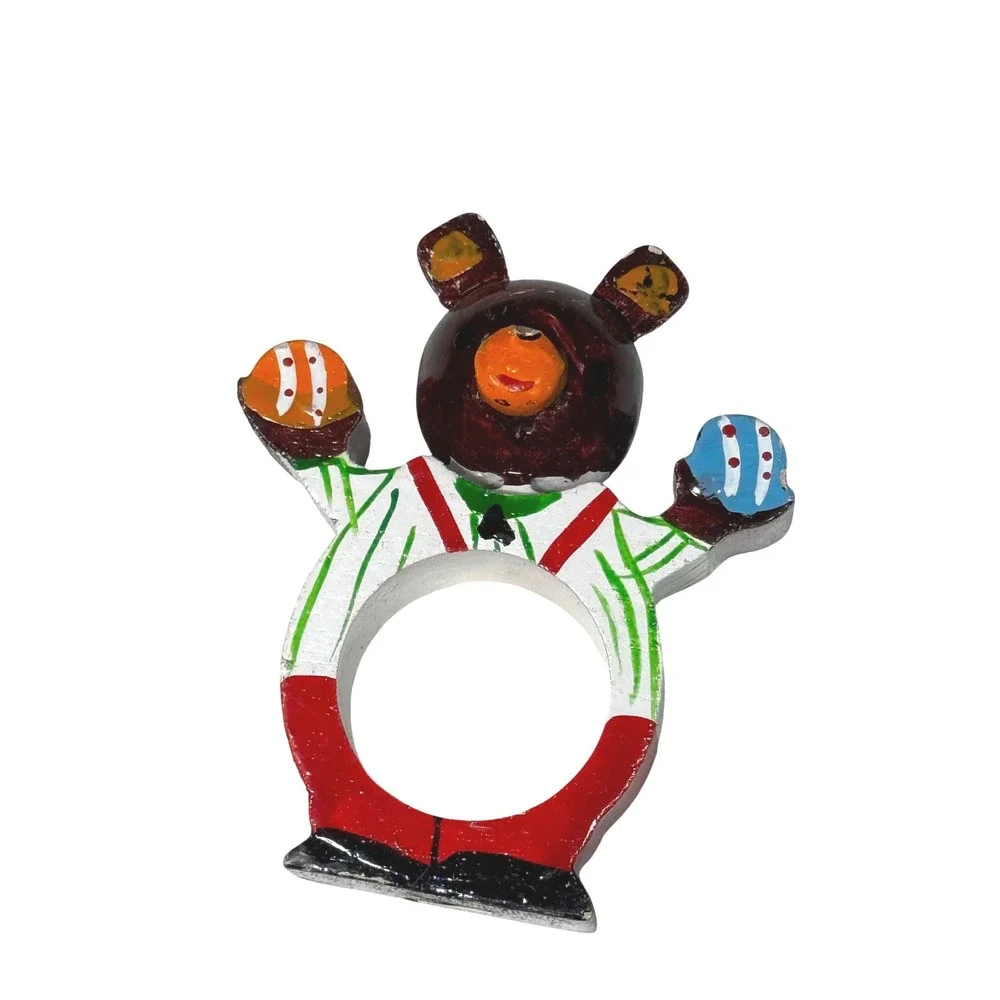 Set of 4‎ vintage Wooden Hand Painted Napkin Rings Holiday Bears Angel Soldier